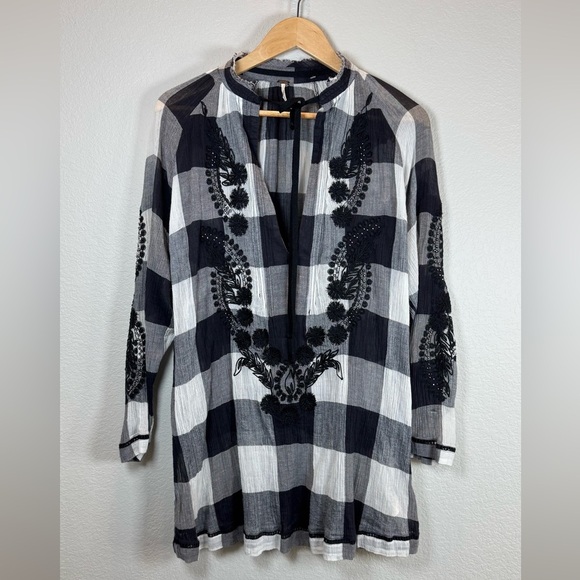 Free‎ People Boho Plaid Tunic Embroidered Beaded - Swim cover up Size XS - Picture 1 of 7